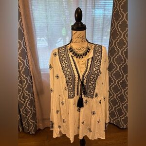 Bohemian White and Black Embroidered Blouse